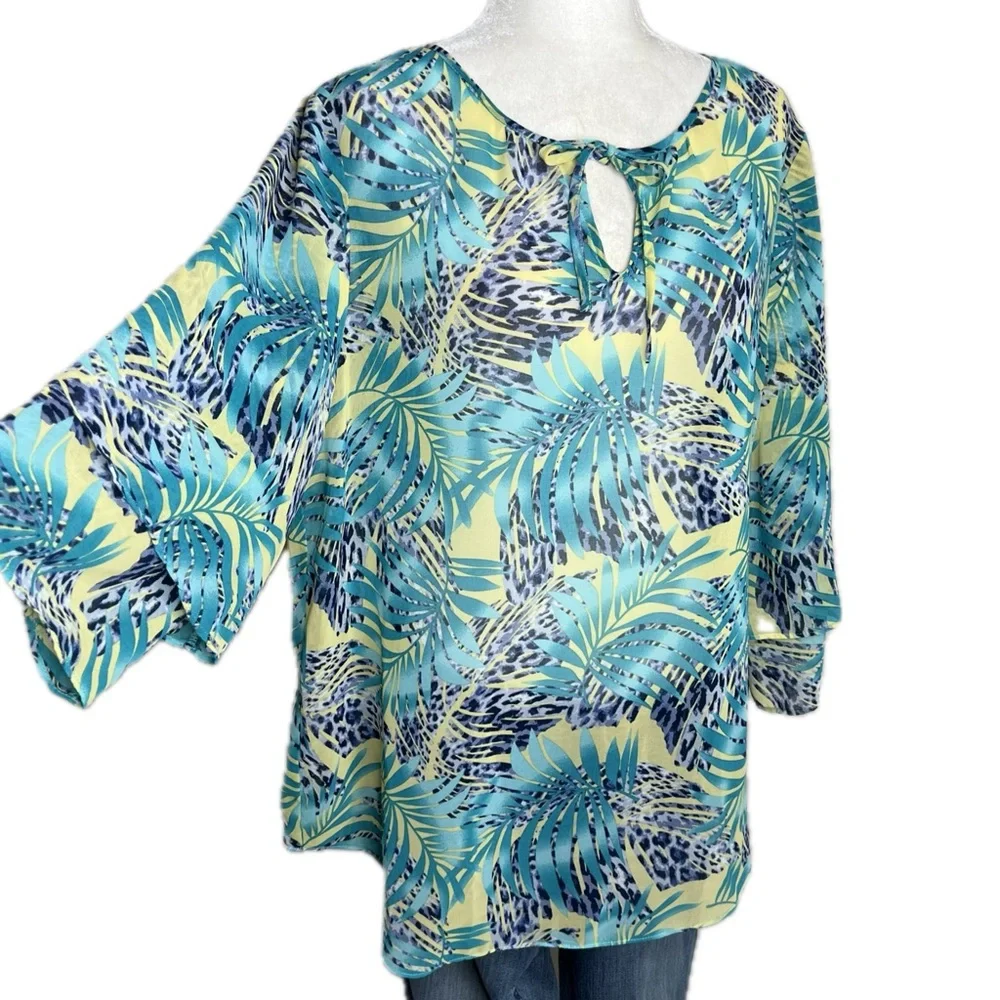 Chico’s Blouse Tropical Leopard Semi Sheer Ruffle Sleeve Green Blue 12 Large L - Picture 3 of 11
